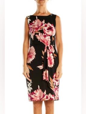 EUC White House Black Market Black Midi Dress with Pink Floral Print